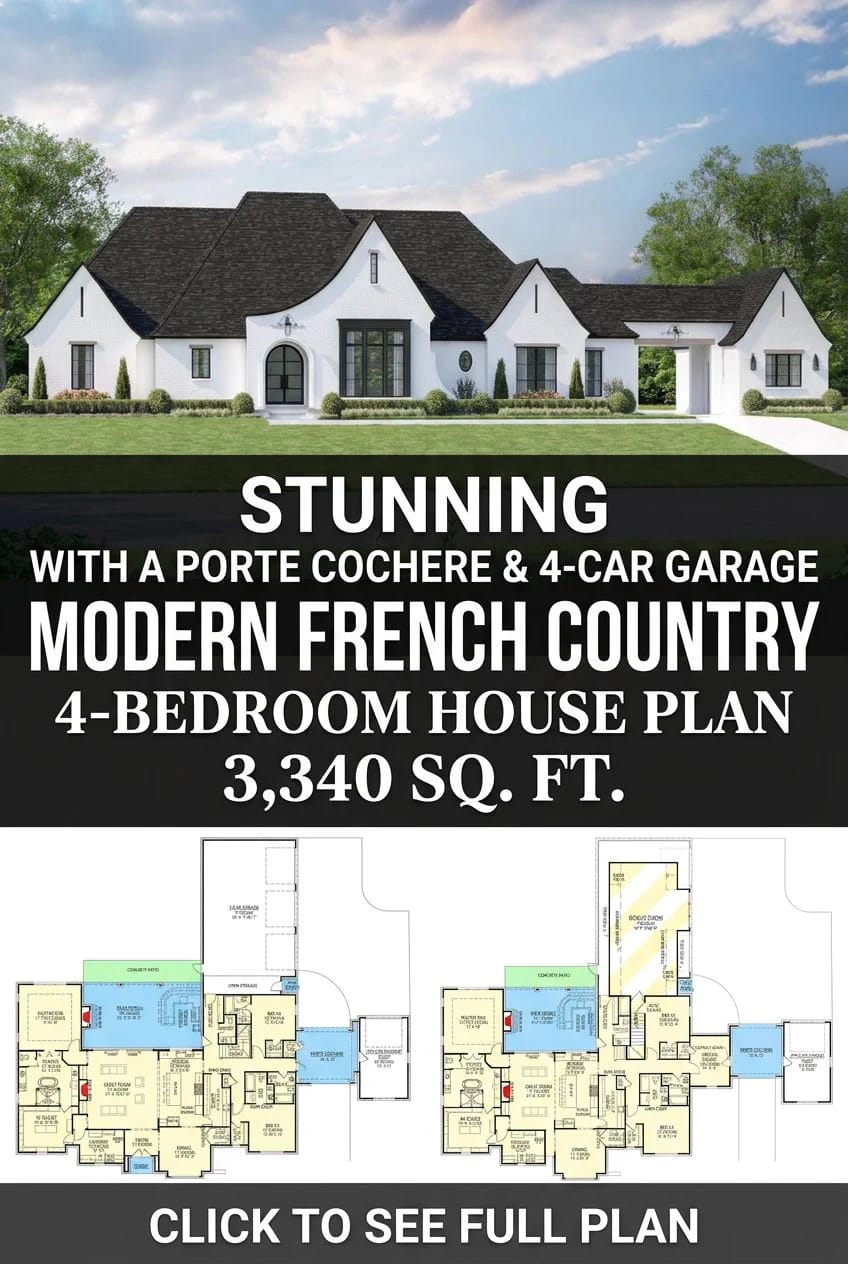 Exterior view of a modern French country house with a porte cochere and four-car garage, along with two detailed floor plans for a 4-bedroom, 3,340 sq. ft. home, illustrating the layout relevant to appraisal discussions about the garage, porch, and bonus room.