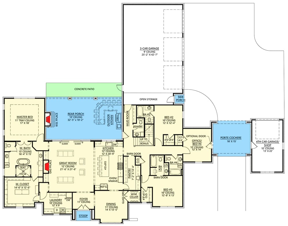 Floor plan of a modern French country house featuring four bedrooms, a porte cochere, a spacious great room, designated dining and kitchen areas, a rear porch, a concrete patio, and a four-car garage layout, illustrating the 3,340 square foot design.