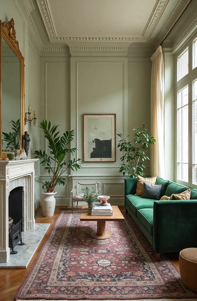 Modern Victorian living room with ornate ceiling and wall trim, a white fireplace, tall windows, houseplants, framed artwork, a green sofa, and a patterned rug.