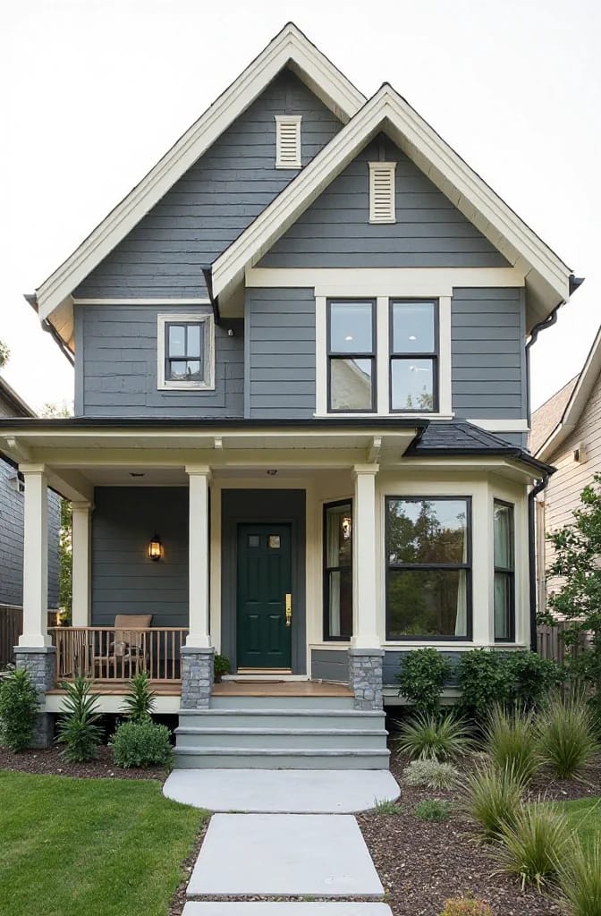 Two-story Modern Victorian home with dark gray siding, white gable trim, front porch columns, tall windows, and a landscaped walkway