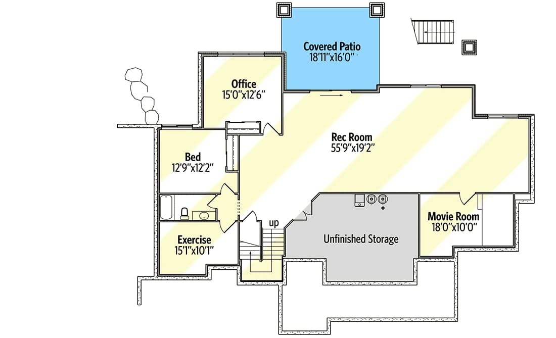 Basement floor plan for a new american mountain home with labeled rooms including an office, bedroom, exercise room, rec room, movie room, unfinished storage, bathroom, and covered patio, supporting the article on a 4-bedroom house plan with first floor master suite and den