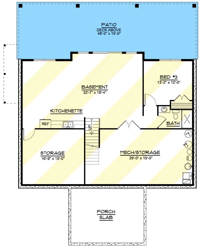 Basement floor plan for a mountain house plan showing a 48-foot by 15-foot covered rear deck, basement area, kitchenette, bedroom, bath, storage, mechanical room, stairs, and front porch slab