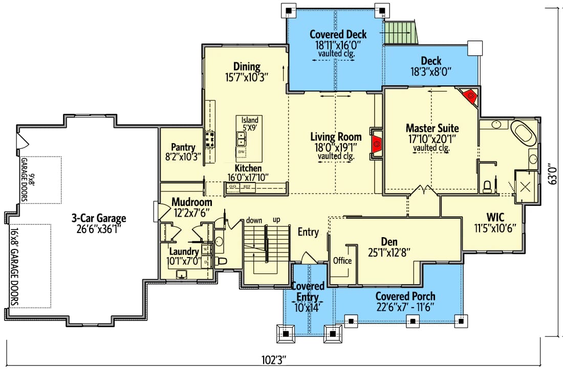 Floor plan of a 4-bedroom mountain house showing the first-floor master suite, den behind barn doors, spacious living and dining areas, kitchen with island, pantry, mudroom, laundry, 3-car garage, covered deck, entry, and porch, illustrating the new american mountain home plan features.