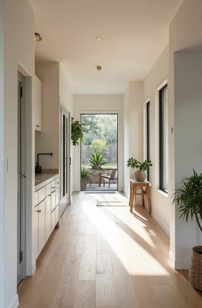 Bright, narrow hallway with built-in cabinets along one wall, tall windows on the opposite side, light wood flooring, and a glass door opening to a small patio, illustrating a narrow lot house plan service spine