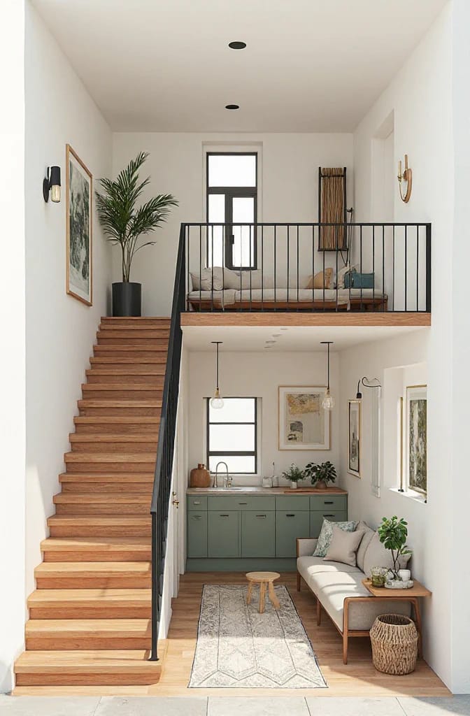 A narrow two-story interior shows a straight wooden staircase along the left wall, leading to an upstairs landing with a black railing above a compact kitchen and living area, illustrating narrow lot house plan design.