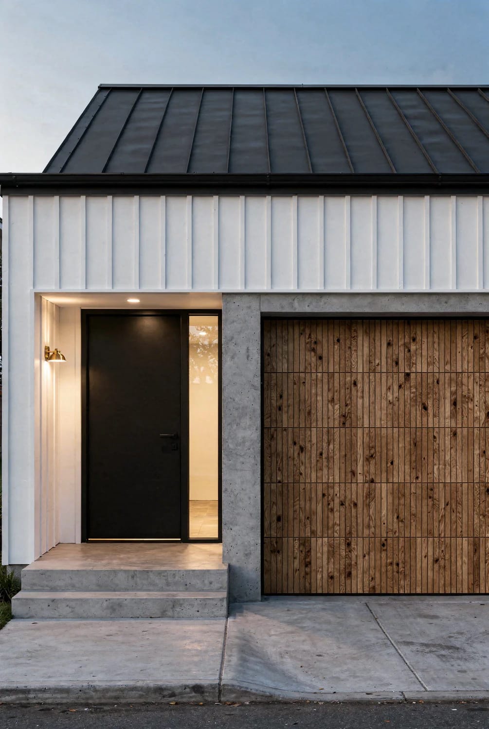 Modern narrow lot house facade with an offset black front door beside a wooden garage door, white vertical siding, concrete entry steps, and a dark metal roof