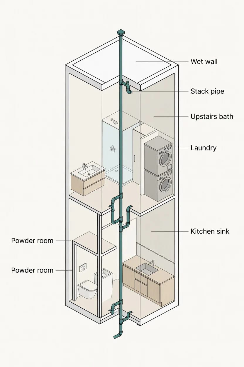 Cutaway diagram for narrow lot house plans showing bathrooms and laundry stacked along one plumbing wall, with labeled wet wall, stack pipe, upstairs bath, laundry, kitchen sink, and powder rooms