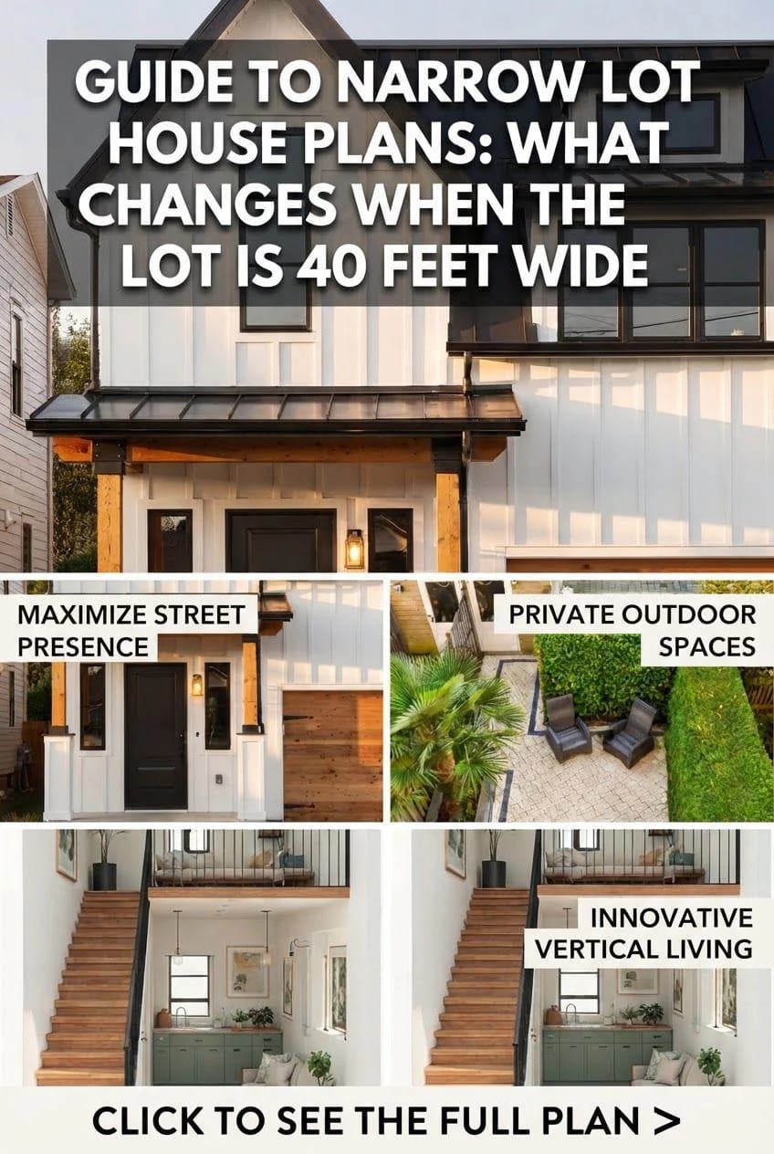 Collage showing a modern narrow house exterior with a prominent garage, private outdoor patio, compact entry, and open vertical living spaces for a 40-foot-wide lot house plan