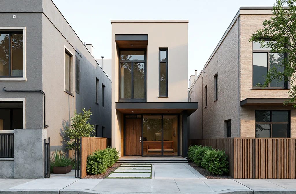 Three closely spaced modern homes with narrow frontages, tall windows, compact landscaped entryways, and shared street-facing sidewalks illustrating changes in narrow lot house plans