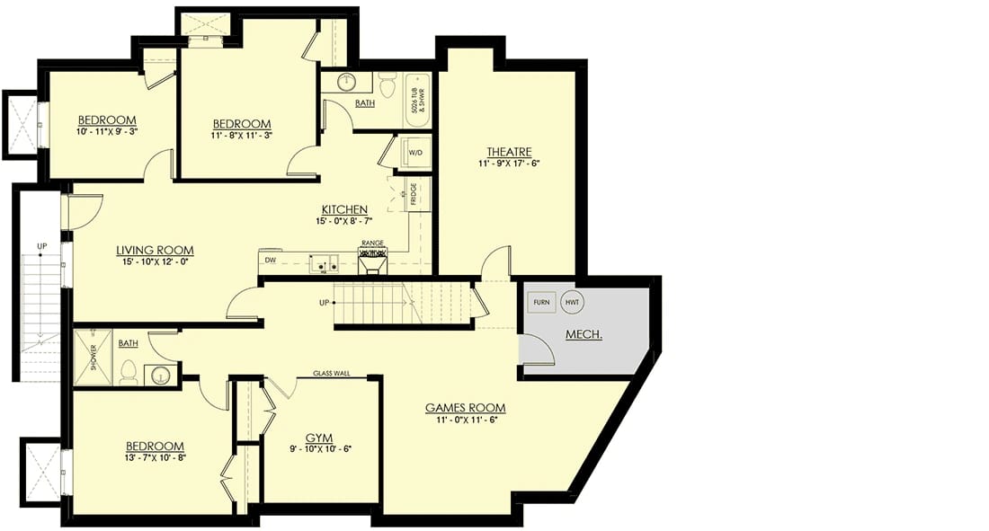 Floor plan of a 5-bedroom Newport-style house featuring an angled garage, optional lower level rooms including a gym, games room, theatre, living room, kitchen, and mechanical areas, illustrating the layout for the newport style house plan with angled garage.