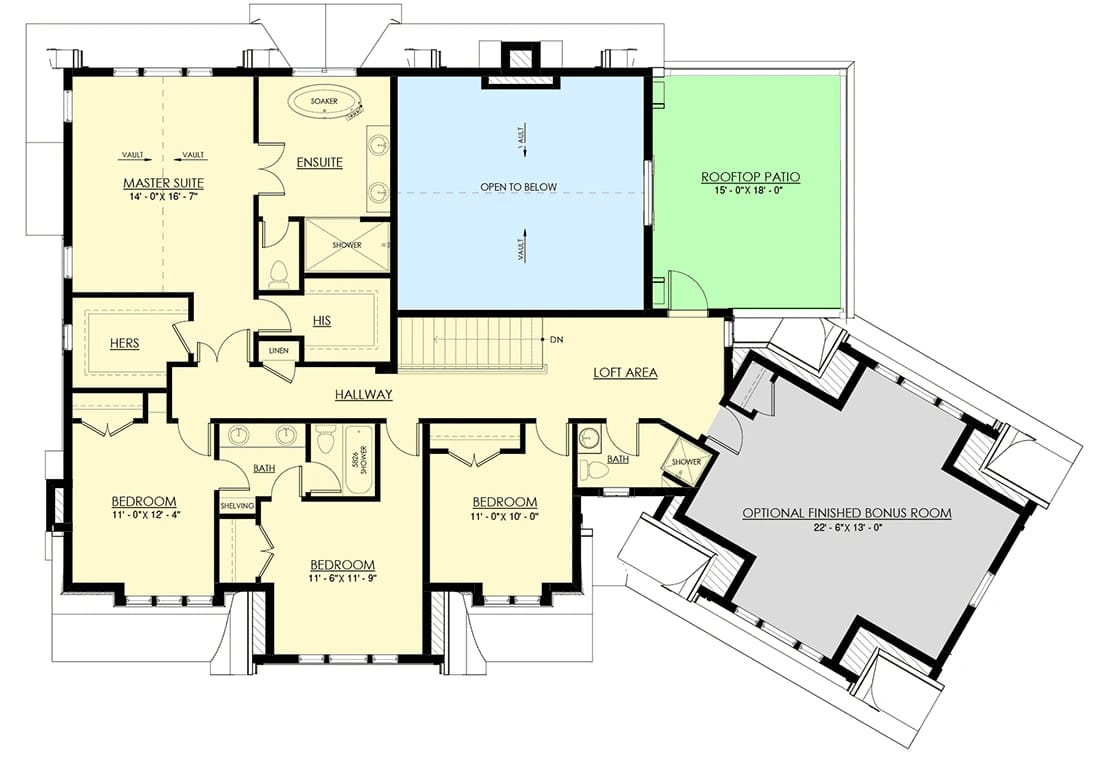 Floor plan of a 5-bedroom Newport-style house featuring an angled garage, optional finished bonus room, master suite with ensuite, multiple bedrooms, bathrooms, a loft area, and a rooftop patio, illustrating the layout for the Newport style house plan with angled garage and optional lower level.