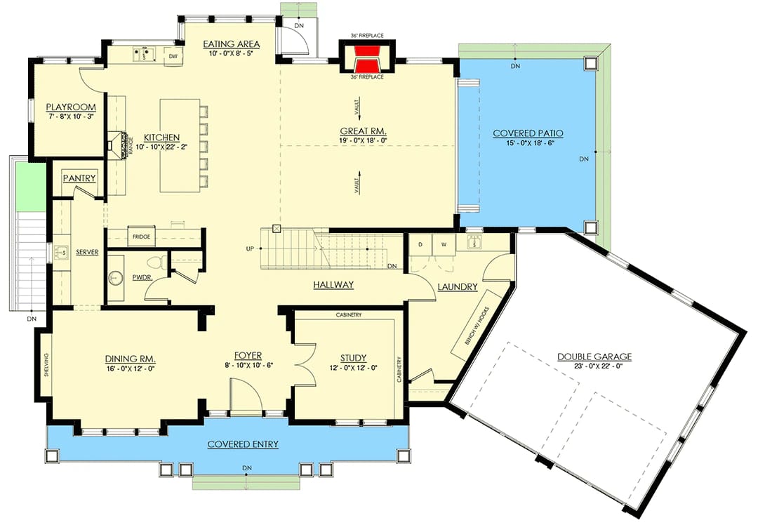 Floor plan of a 5-bedroom Newport-style house featuring an angled double garage, central great room with fireplace, covered patio, kitchen with playroom, pantry, dining room, study, laundry area, and multiple entry points, illustrating the house plan with optional lower level.