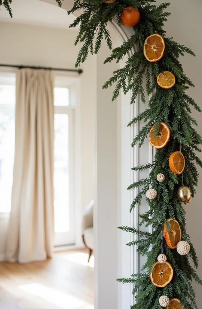 Green Christmas garland frames an interior doorway, decorated with dried orange slices, whole oranges, white textured ornaments, and brass bells.