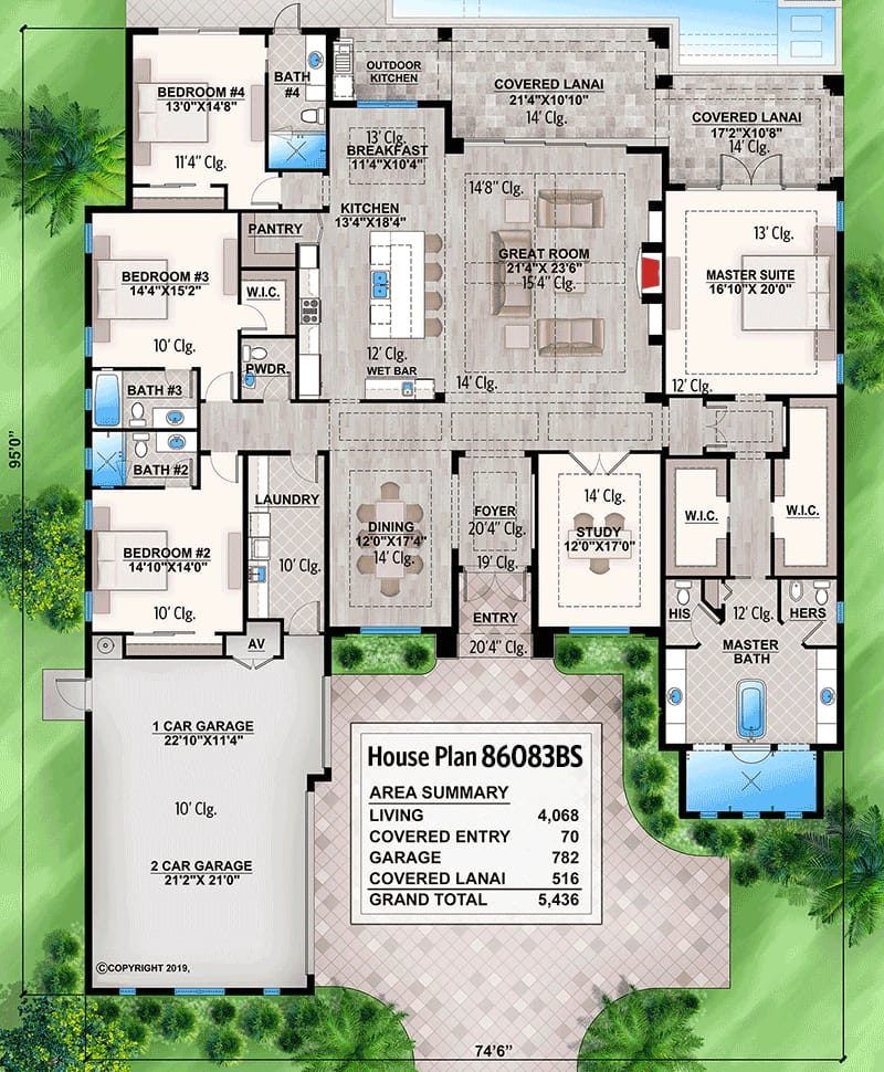 Labeled one-level beach house floor plan showing an open-concept great room, kitchen, breakfast area, dining room, study, four bedrooms, multiple bathrooms, covered lanais, and attached garages