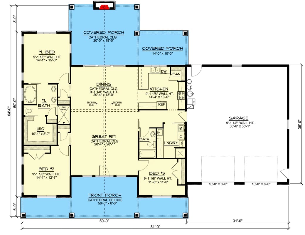 Labeled floor plan for a one-story country Craftsman house plan showing three bedrooms, a vaulted great room, kitchen, dining area, covered front and rear porches, laundry, bathrooms, and an attached two-car garage.