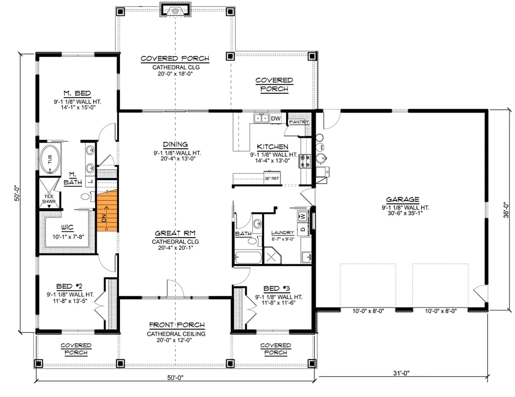 Architectural floor plan for a one-story country Craftsman house showing three bedrooms, a vaulted great room, kitchen, dining area, covered porches, two bathrooms, laundry room, and attached two-car garage.