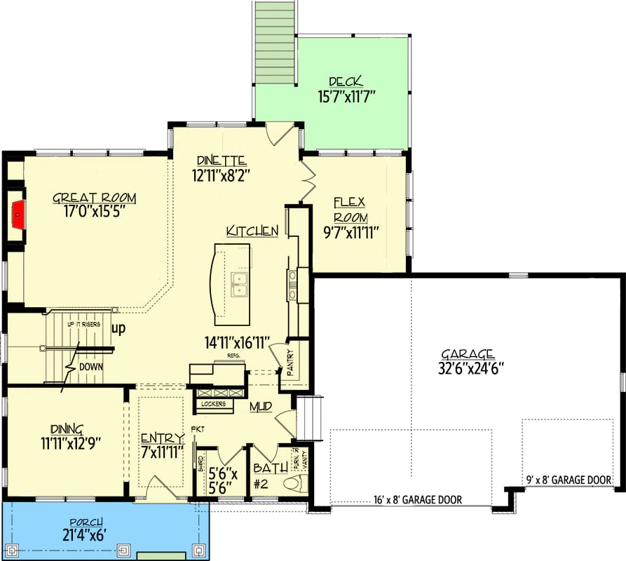 Main floor layout of a 4-bedroom open concept craftsman house plan with a spacious kitchen, great room, dining area, flex room, mudroom, entry, porch, deck, bathroom, and attached 3-car garage, showcasing the flow and design of the home.