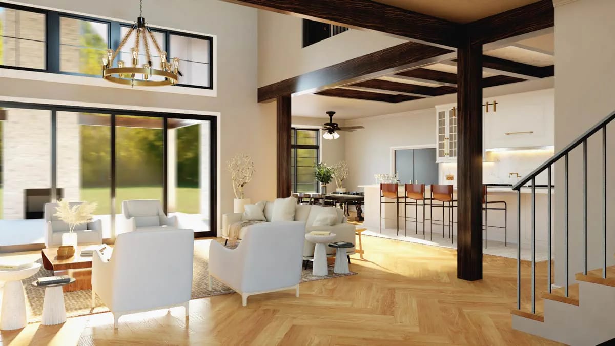 Open-concept great room with herringbone wood floors, double-height ceiling, and large windows Open-concept great room with herringbone wood floors, double-height ceiling, and large windows