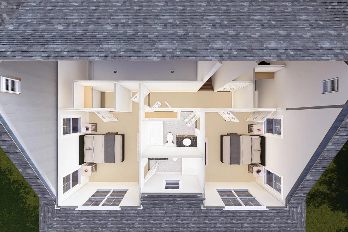 Overhead cutaway rendering showing two bedrooms and a central bathroom beneath a gray shingle roof