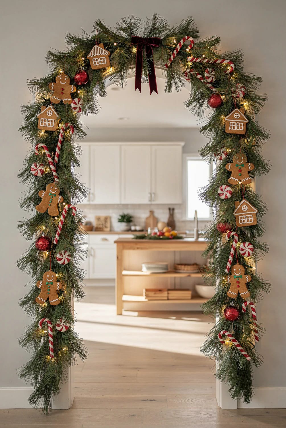 Christmas garland frames a kitchen doorway with evergreen branches, warm lights, red ornaments, candy canes, peppermint candies, gingerbread people, gingerbread houses, and a burgundy bow.