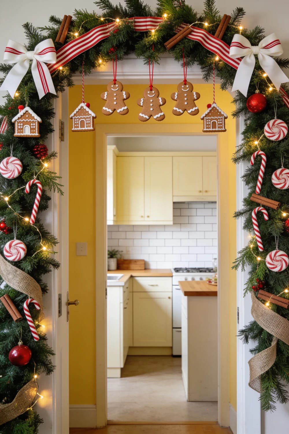 Christmas garland frames a kitchen doorway with evergreen branches, warm lights, red-and-white striped ribbon, bows, candy canes, peppermint ornaments, cinnamon sticks, and hanging gingerbread figures and houses
