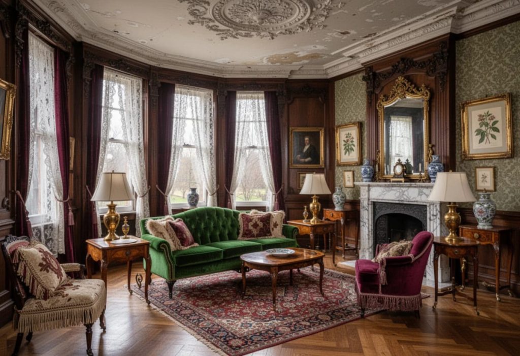 Victorian house interiors living room with dark wood paneling, patterned wallpaper, lace-curtained bay windows, ornate plaster ceiling details, a marble fireplace, antique furniture, framed artwork, and a green velvet sofa
