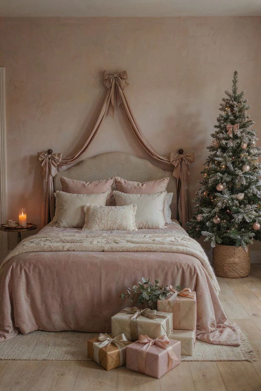 Bedroom decorated for pink Christmas decor with a satin-covered bed, large bows draped above the headboard, a lit flocked Christmas tree, candle, and wrapped presents on the floor