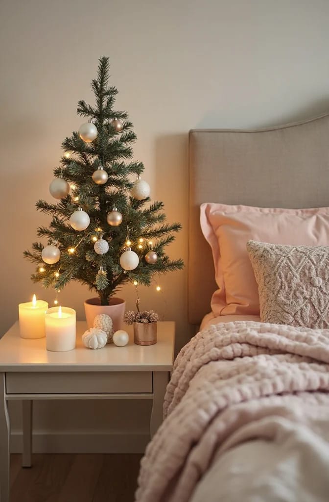 Cozy bedroom featuring a small decorated Christmas tree with warm white lights and pale pink, white, and gold ornaments on a bedside table beside a bed with pink bedding and textured pillows.