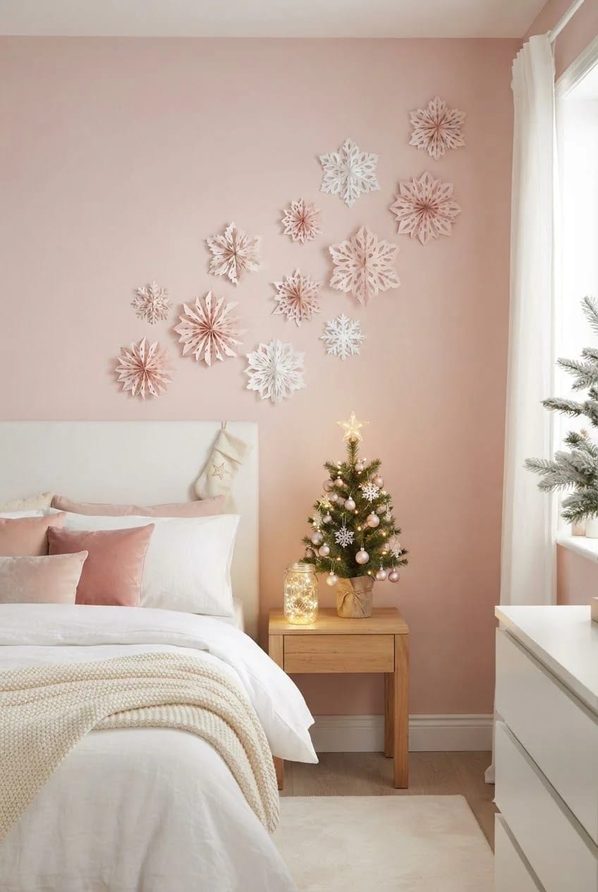 Pink bedroom decorated for Christmas with layered paper snowflakes on the wall, a small lit Christmas tree on a wooden nightstand, white bedding, and pink pillows