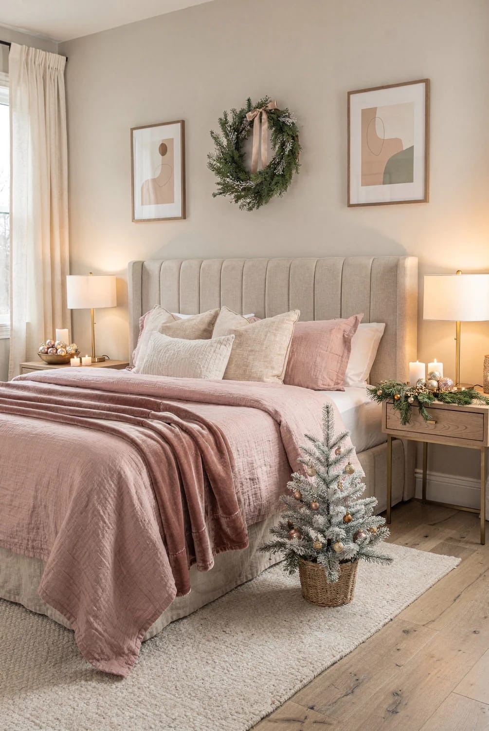 Bedroom decorated for Christmas with blush pink bedding, pillows, a wreath above the upholstered headboard, a small decorated tree, candles, and greenery on the nightstands