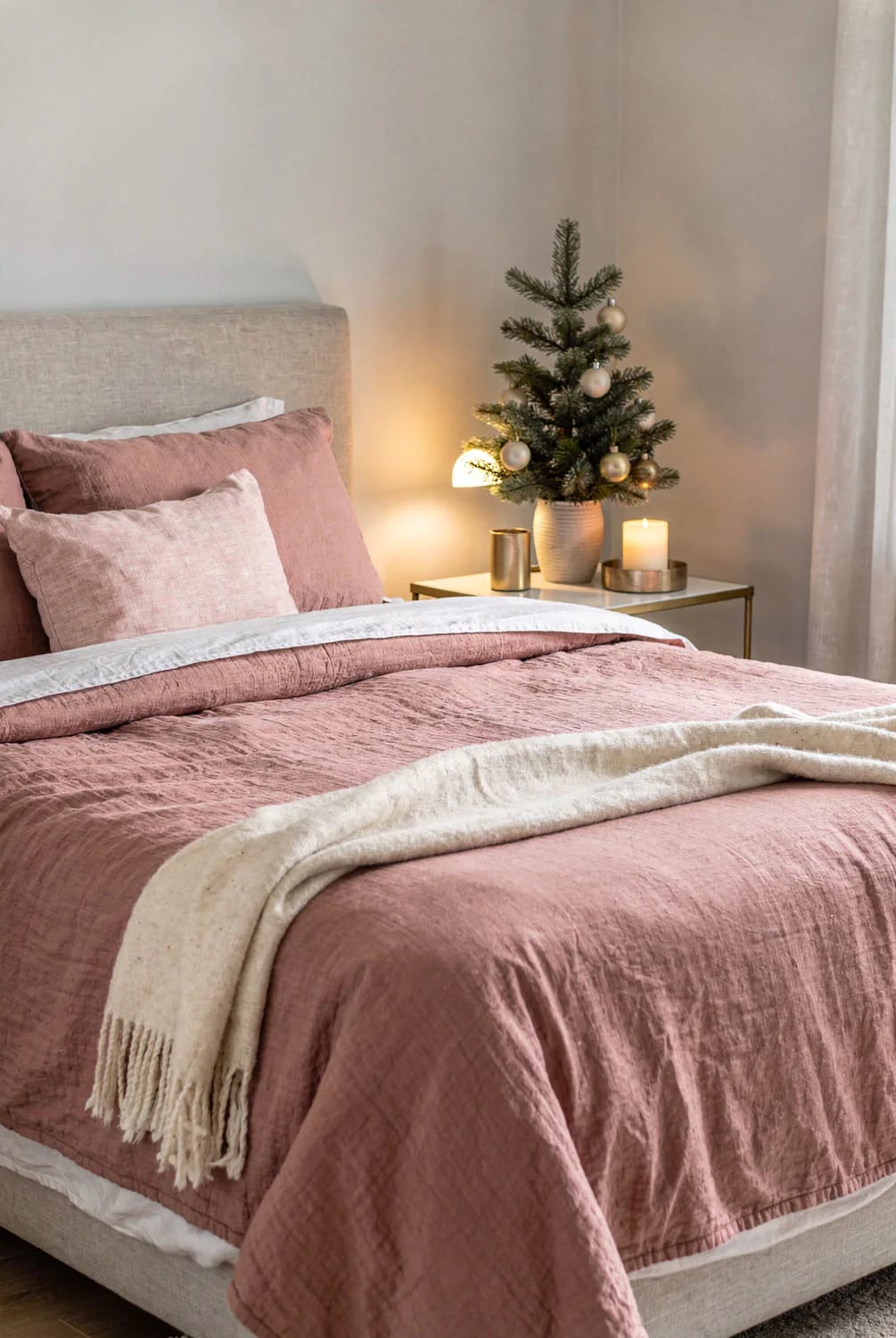 Bedroom styled with dusty pink bedding and pillows, a cream throw blanket, and a small decorated Christmas tree with gold ornaments on the bedside table