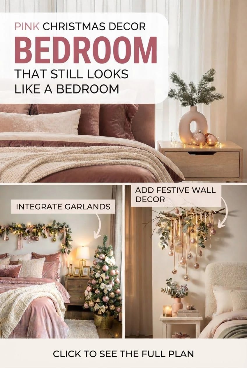 Collage showing a bedroom with pink bedding, a small decorated Christmas tree, garland above the bed, and festive wall decor with hanging ornaments beside a nightstand.