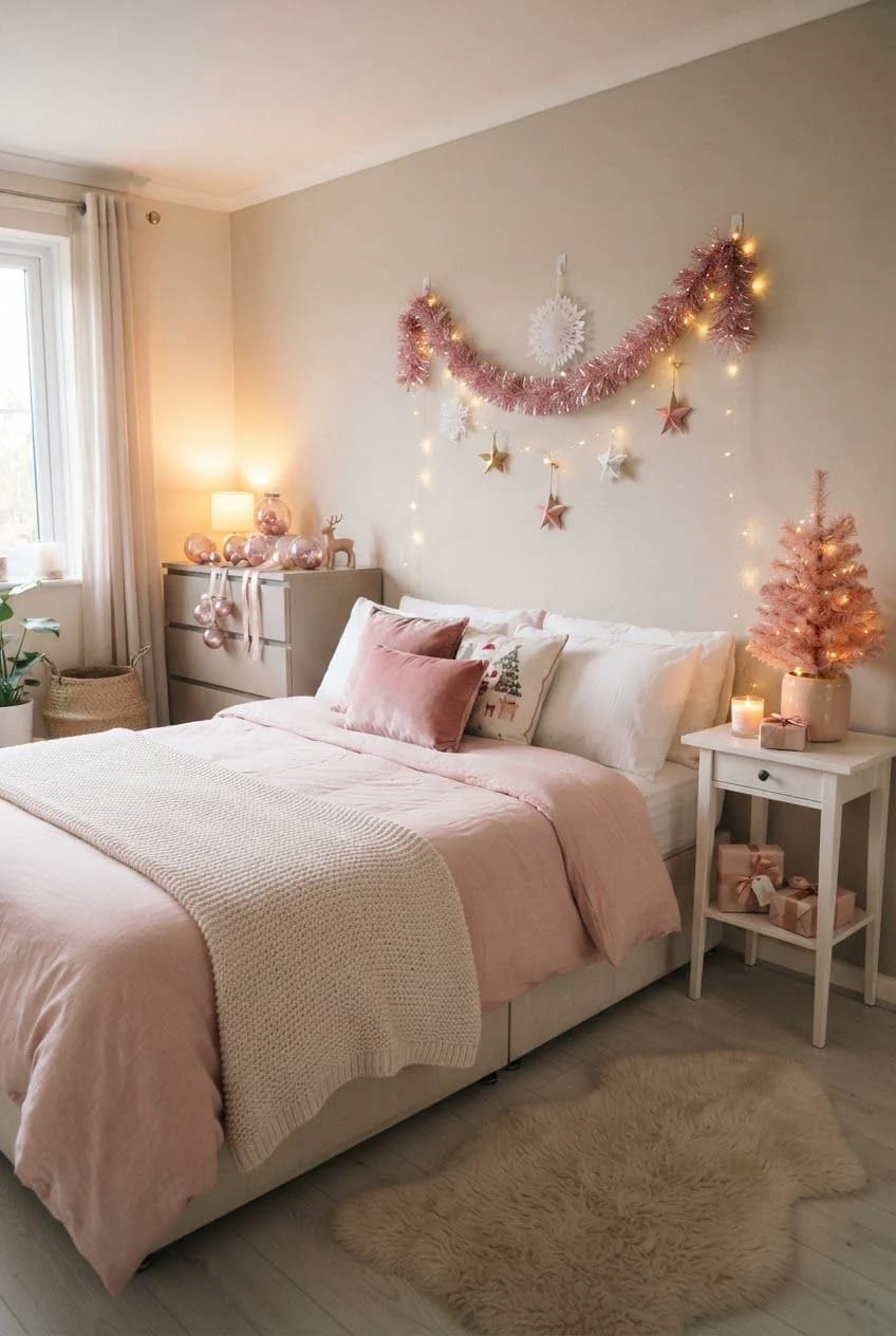 Bedroom decorated for Christmas with pink bedding, a pink tinsel wall garland, hanging star ornaments, warm string lights, and a small lit pink Christmas tree beside the bed.