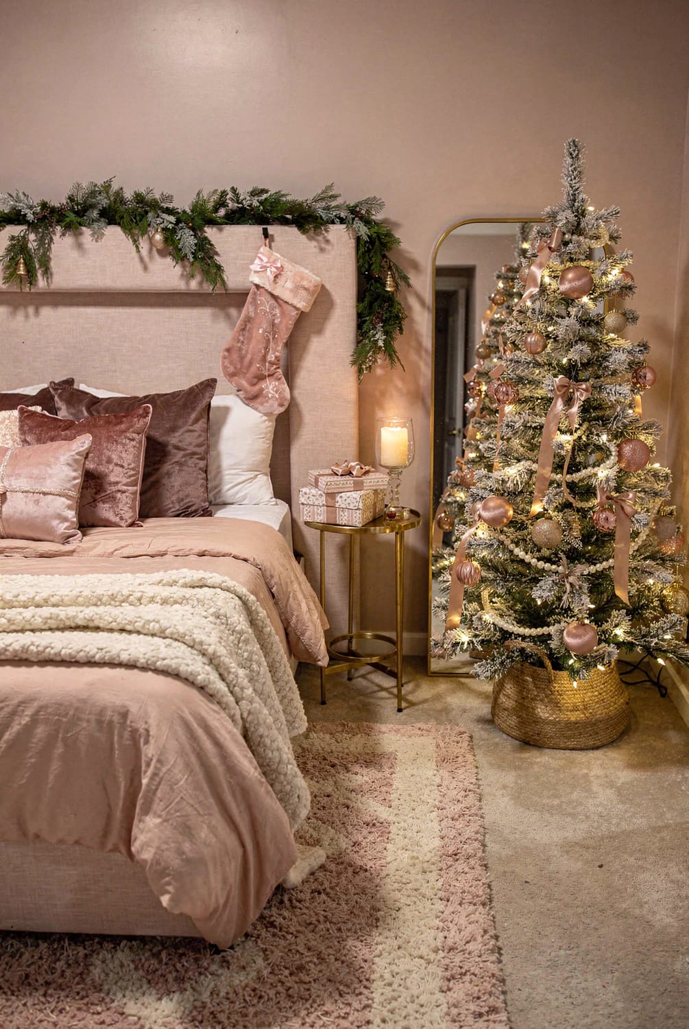 A bedroom decorated for Christmas with pink bedding, velvet pillows, a garland-covered headboard, a pink stocking, wrapped gifts, and a decorated lit Christmas tree beside a full-length mirror.