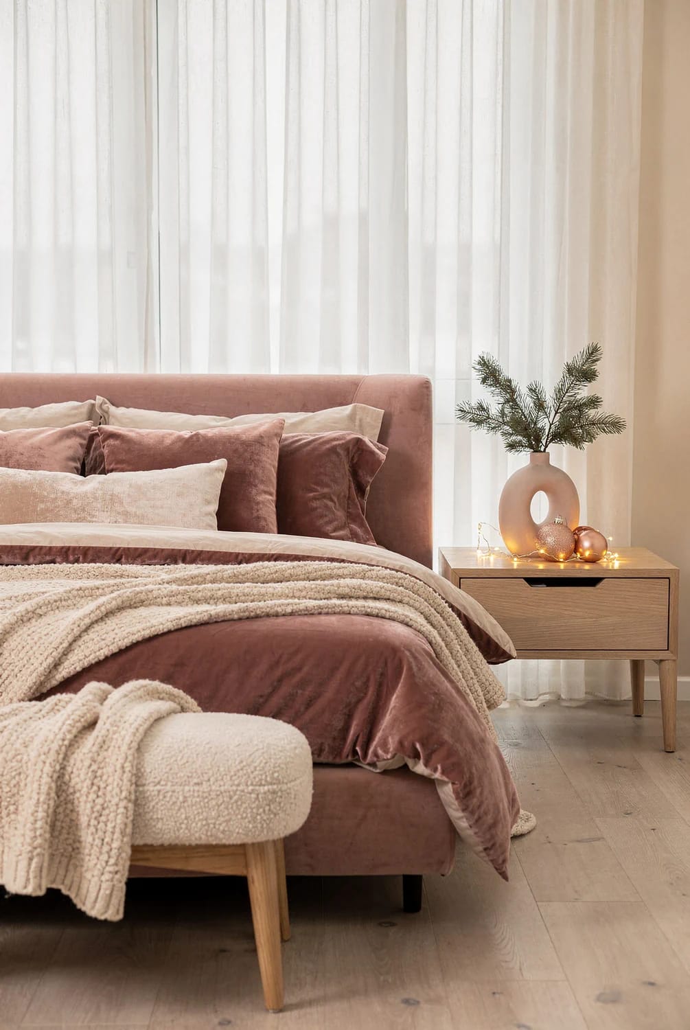 Bedroom with a dusty pink velvet bed, pink pillows, a cream bouclé blanket and ottoman, and a matte ceramic vase holding evergreen branches beside Christmas ornaments and string lights.