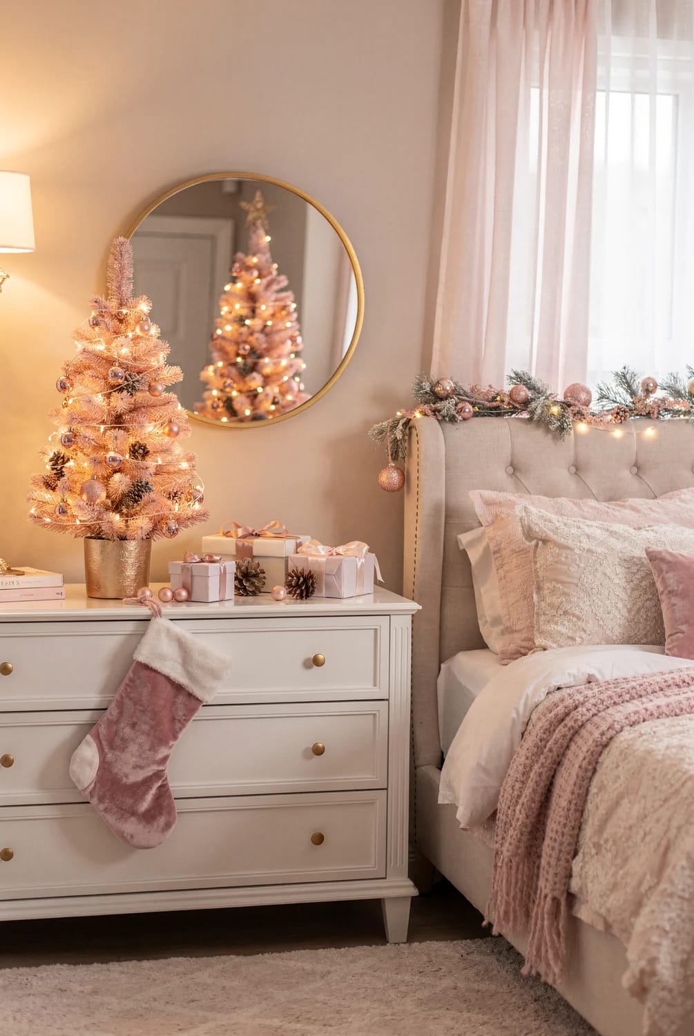 Bedroom dresser styled with a small pink Christmas tree, wrapped gifts, ornaments, pinecones, and a pink stocking beside a bed with festive garland and pink bedding