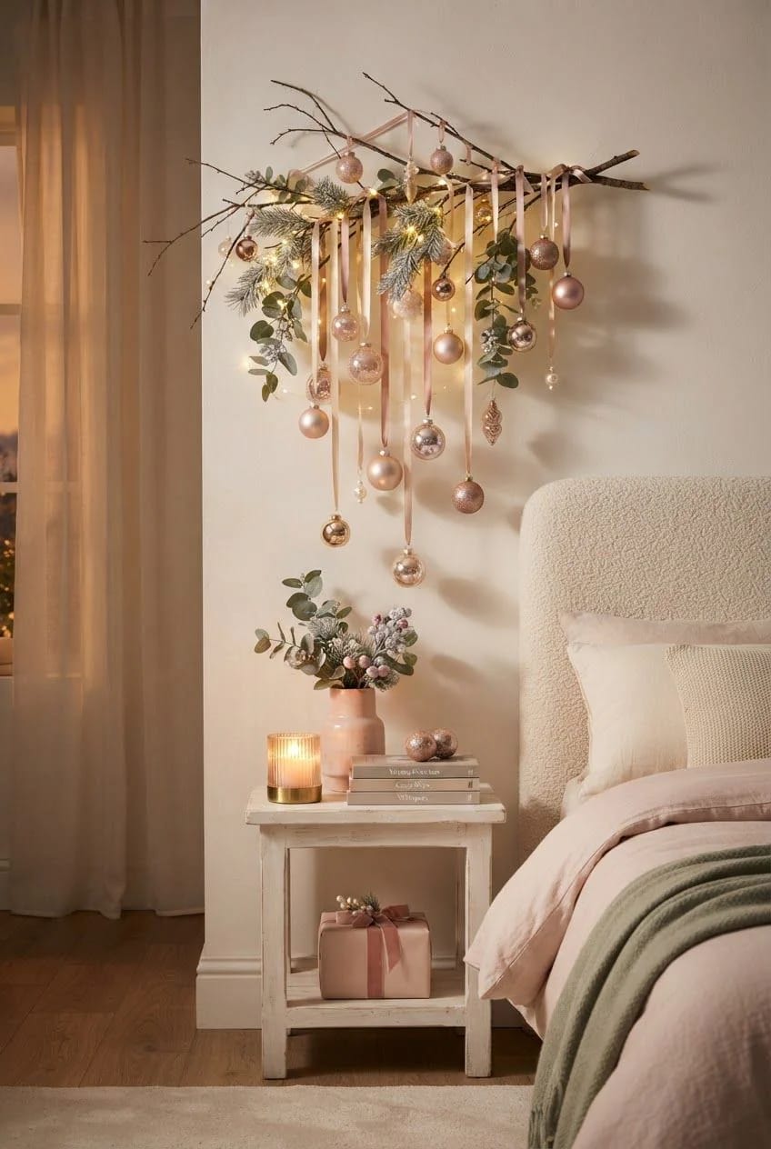 Bedroom corner featuring pink Christmas ornaments and ribbons hanging from a branch above a nightstand, with warm string lights, greenery, a vase of flowers, candle, books, and a neatly made bed.