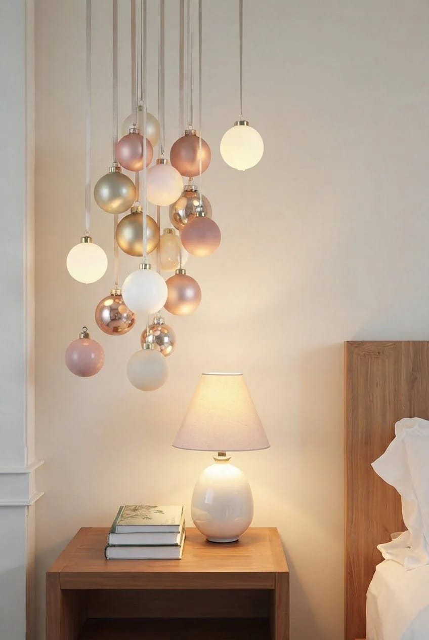 Pink, white, gold, and silver Christmas ornaments hang from ribbons above a wooden bedroom nightstand beside a lit table lamp and stacked books.