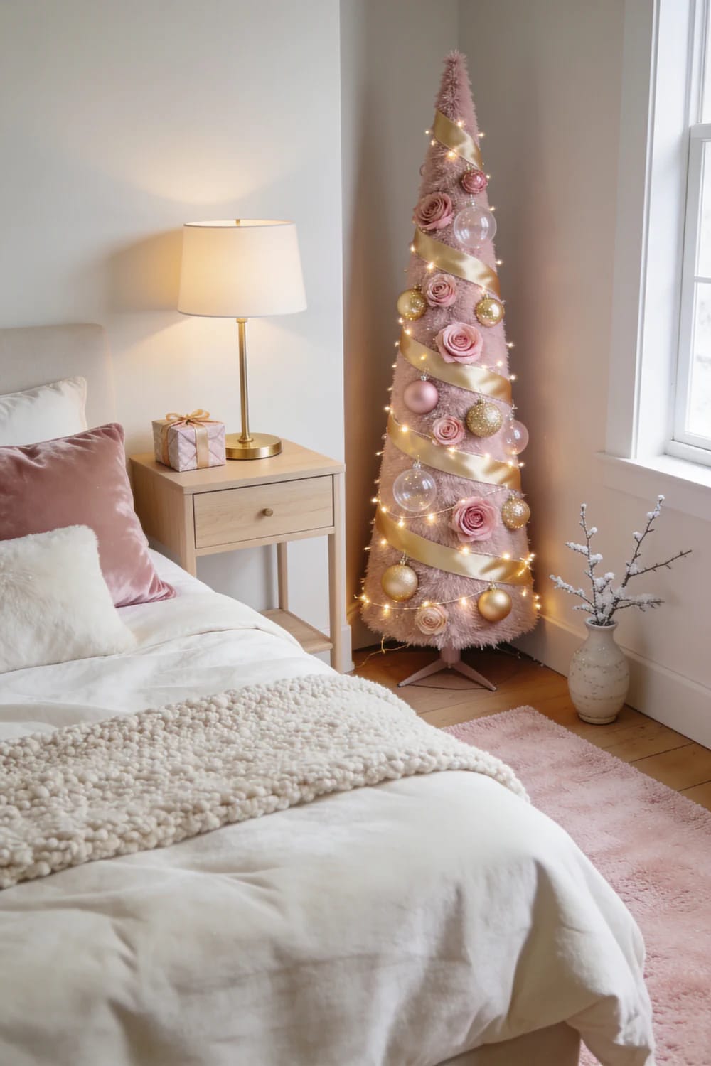 A decorated pink pencil Christmas tree with warm lights, gold ribbon, pink roses, and round ornaments stands beside a bed and nightstand in a cozy bedroom.