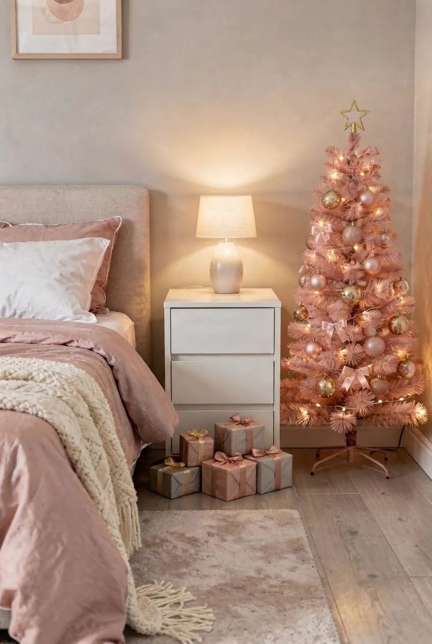 A decorated pink pencil Christmas tree with gold and pink ornaments, bows, lights, and a star topper stands beside a white nightstand in a bedroom. Wrapped gifts sit beneath the tree near a bed with pink bedding.