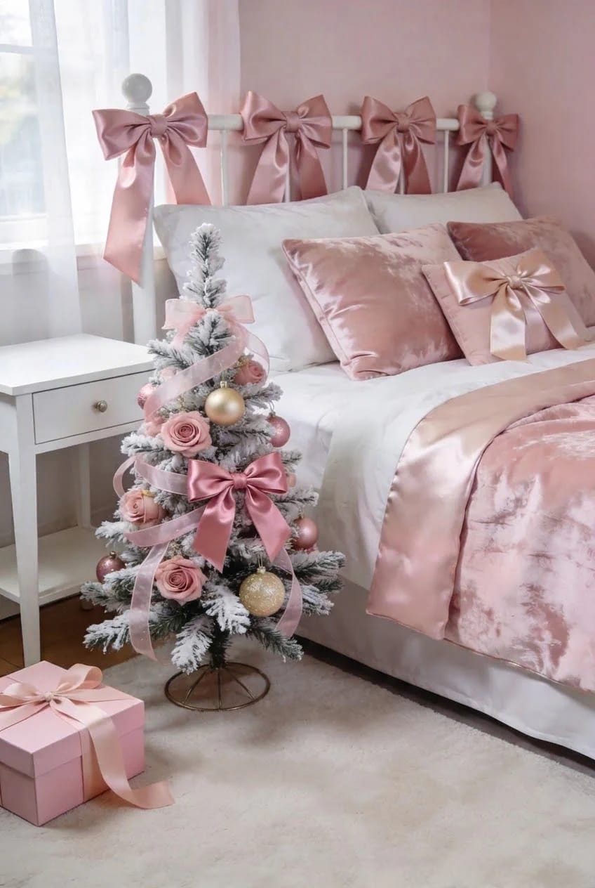 Bedroom decorated with pink Christmas decor, including satin bows on the white bed frame and pillows, a small frosted Christmas tree with pink and gold ornaments, and a wrapped pink gift box