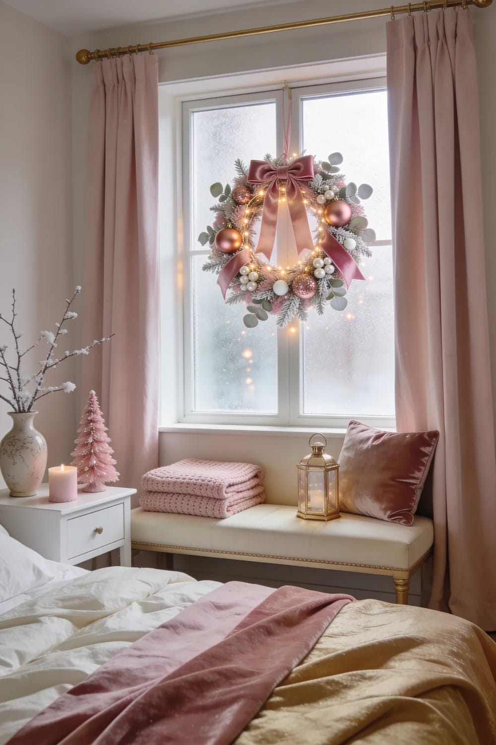 Pink Christmas decor in a bedroom featuring a lit festive wreath with a bow hanging inside the window, pink curtains, a bench with folded blankets, a small pink tree, candle, and blush bedding