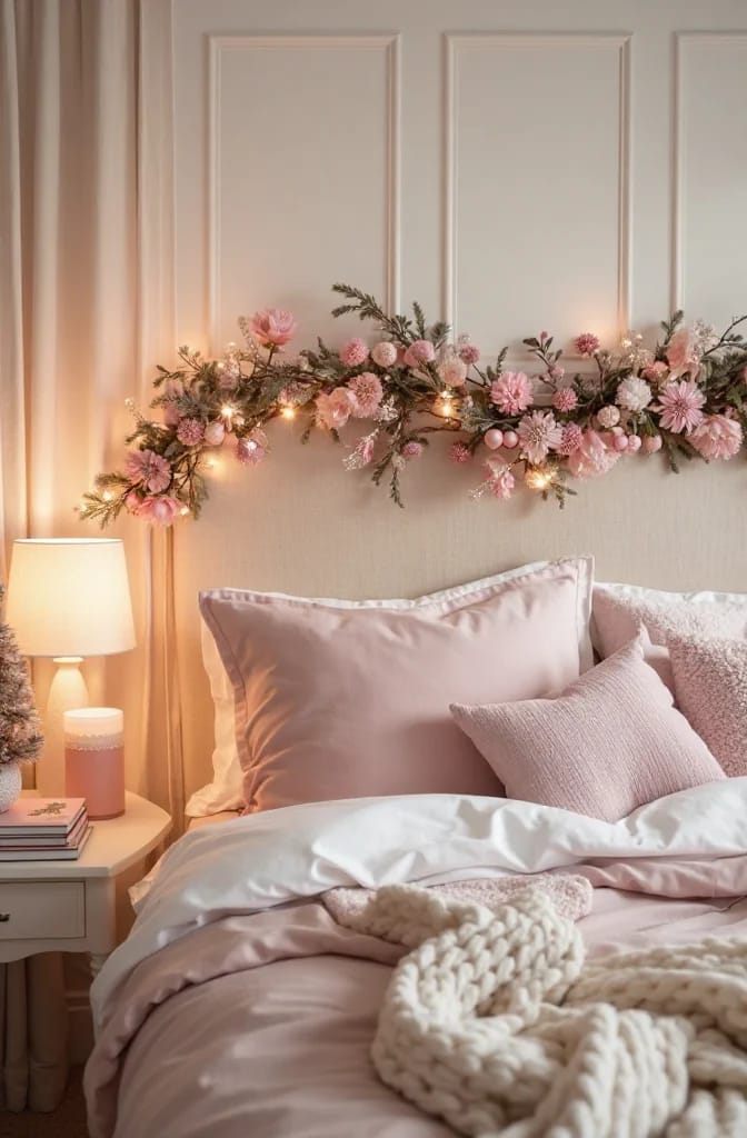 Pink Christmas garland with warm lights, flowers, and greenery arranged across the wall above a bed with blush pillows and bedding, beside a lit bedside lamp.