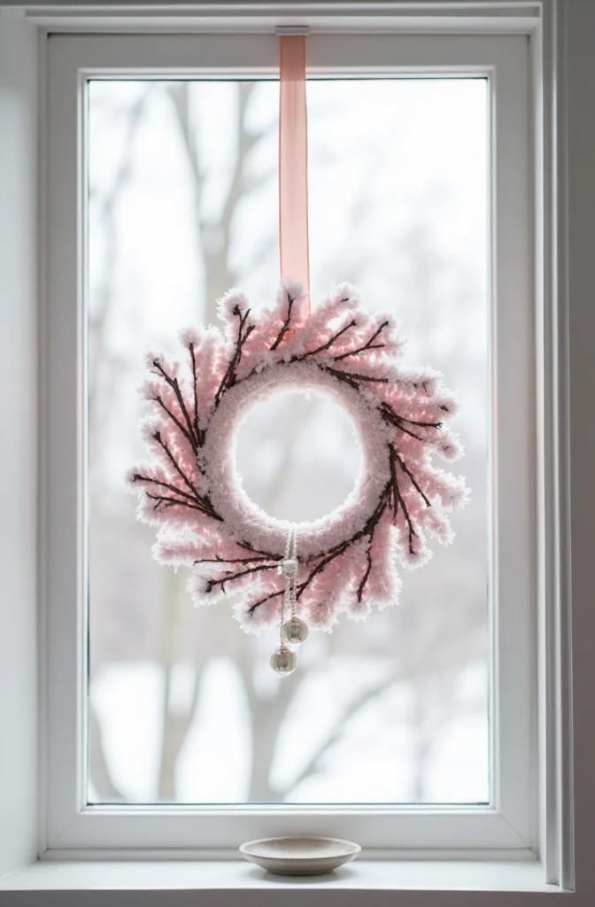 Pink Christmas wreath hanging from a ribbon inside a bedroom window, with frosted pink branches and two small bells at the bottom