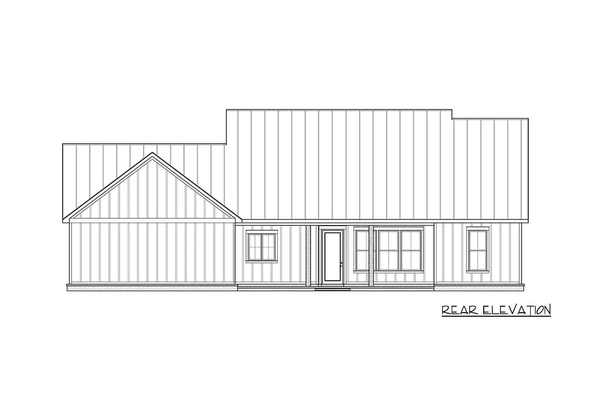 Rear elevation drawing of a house with vertical siding, a left gable, central entry, and multi-pane windows Rear elevation drawing of a house with vertical siding, a left gable, central entry, and multi-pane windows