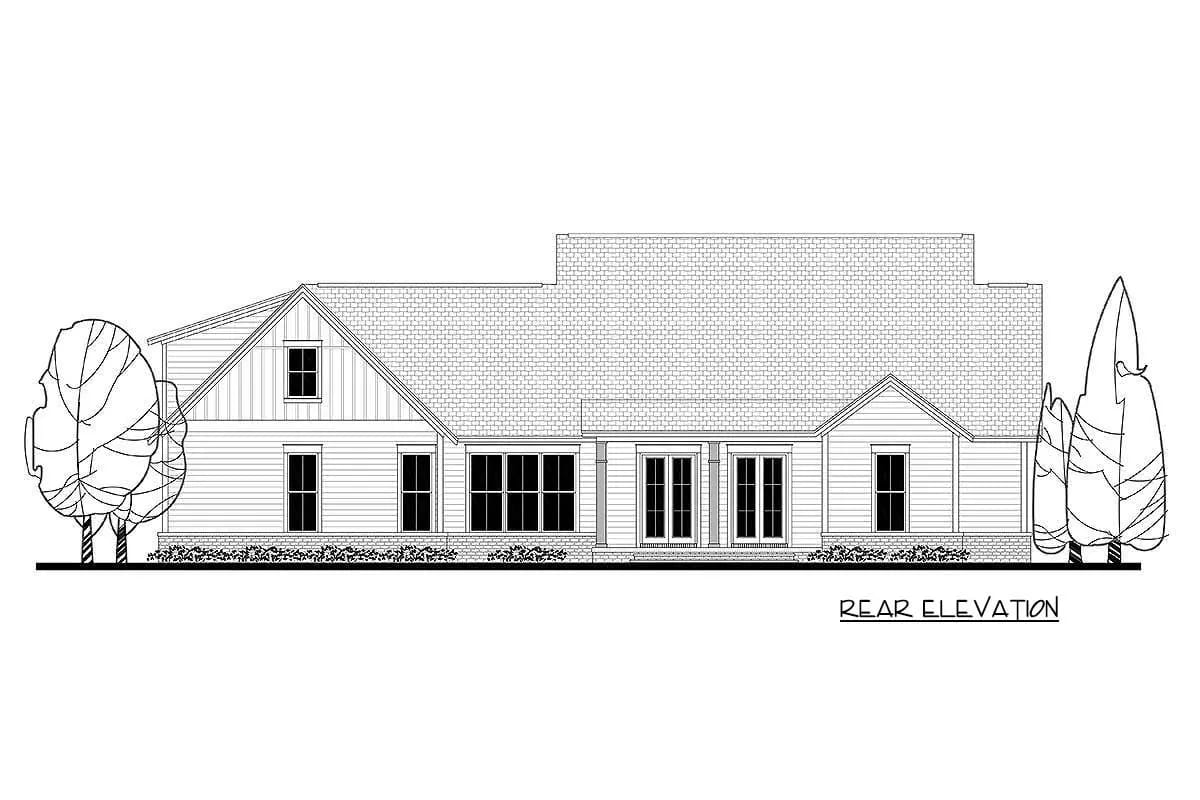 Rear elevation drawing of a long-sided home with gabled wings, central windows, paired doors, and a broad shingle roof Rear elevation drawing of a long-sided home with gabled wings, central windows, paired doors, and a broad shingle roof