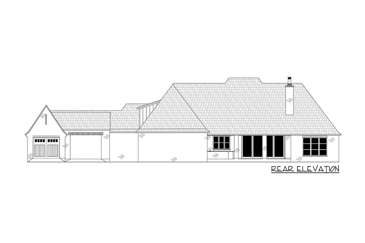 Rear elevation drawing showing hip roof, large windows, sliding doors, and a two-car garage