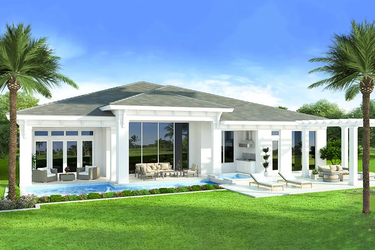 Rear exterior rendering of a white tropical-style home with pool, covered patio, pergola, and palm trees