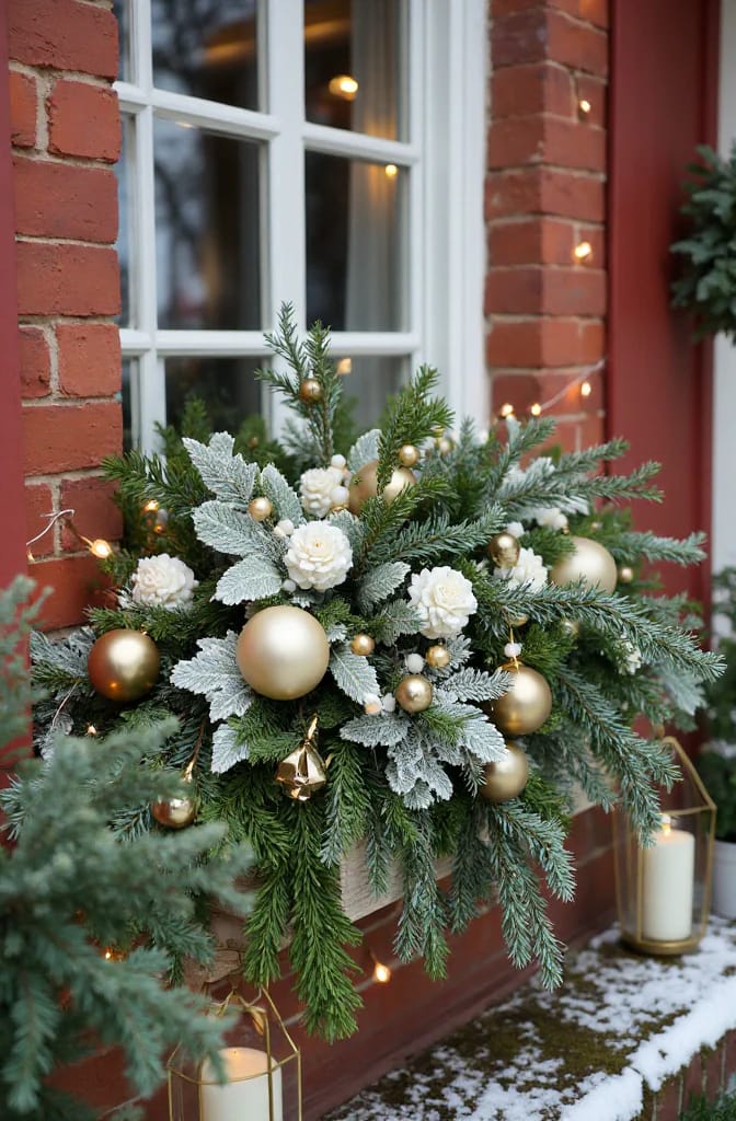 Christmas window box on a red brick exterior, filled with evergreen branches, frosted foliage, white flowers, and gold ornaments, with warm string lights and snow visible below.