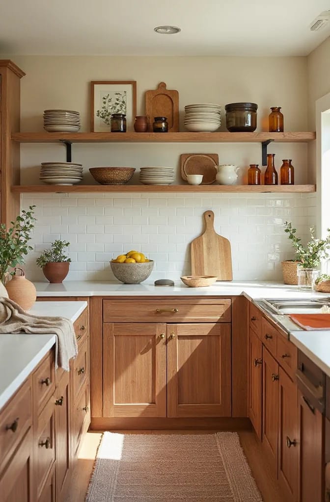 Refinished Honey Oak Cabinets Kitchen Inspiration Warm kitchen with honey oak cabinets, wood countertops, open shelves displaying plates and jars, white subway tile backsplash, and natural decor illustrating a timeless kitchen remodel